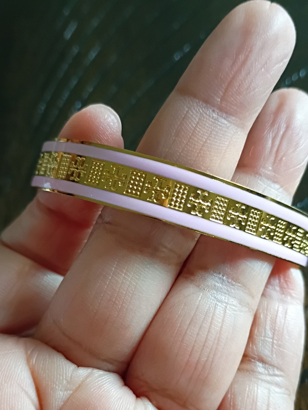 New Gold Tone Cuff Bracelet with Pink Enamel Trim